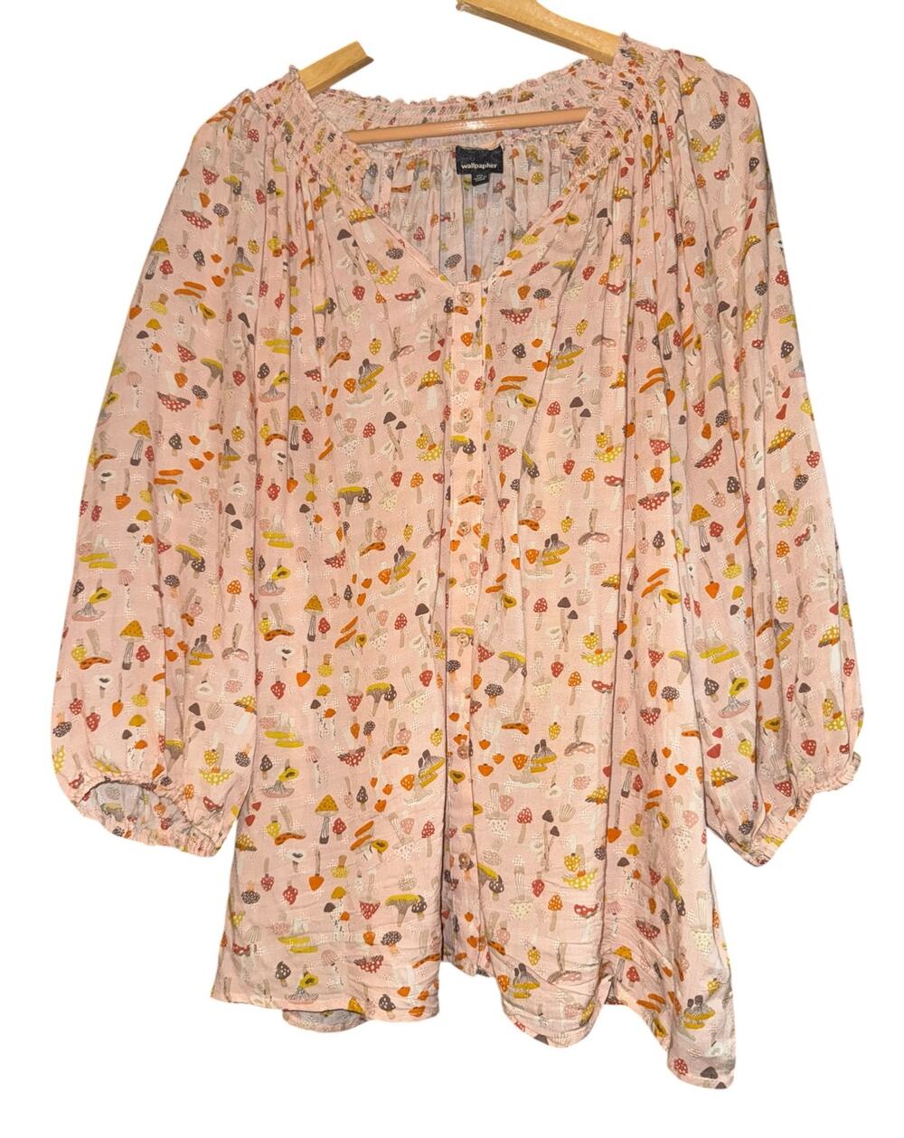 Wallpapher Mushroom Whimsical Peasant Top Women XXL Fairy Pink Mod Forest Hippie